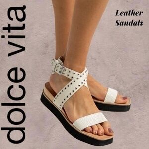 DOLCE VITA White Panko Leather Croc-Embossed Grommet Platform Sandals